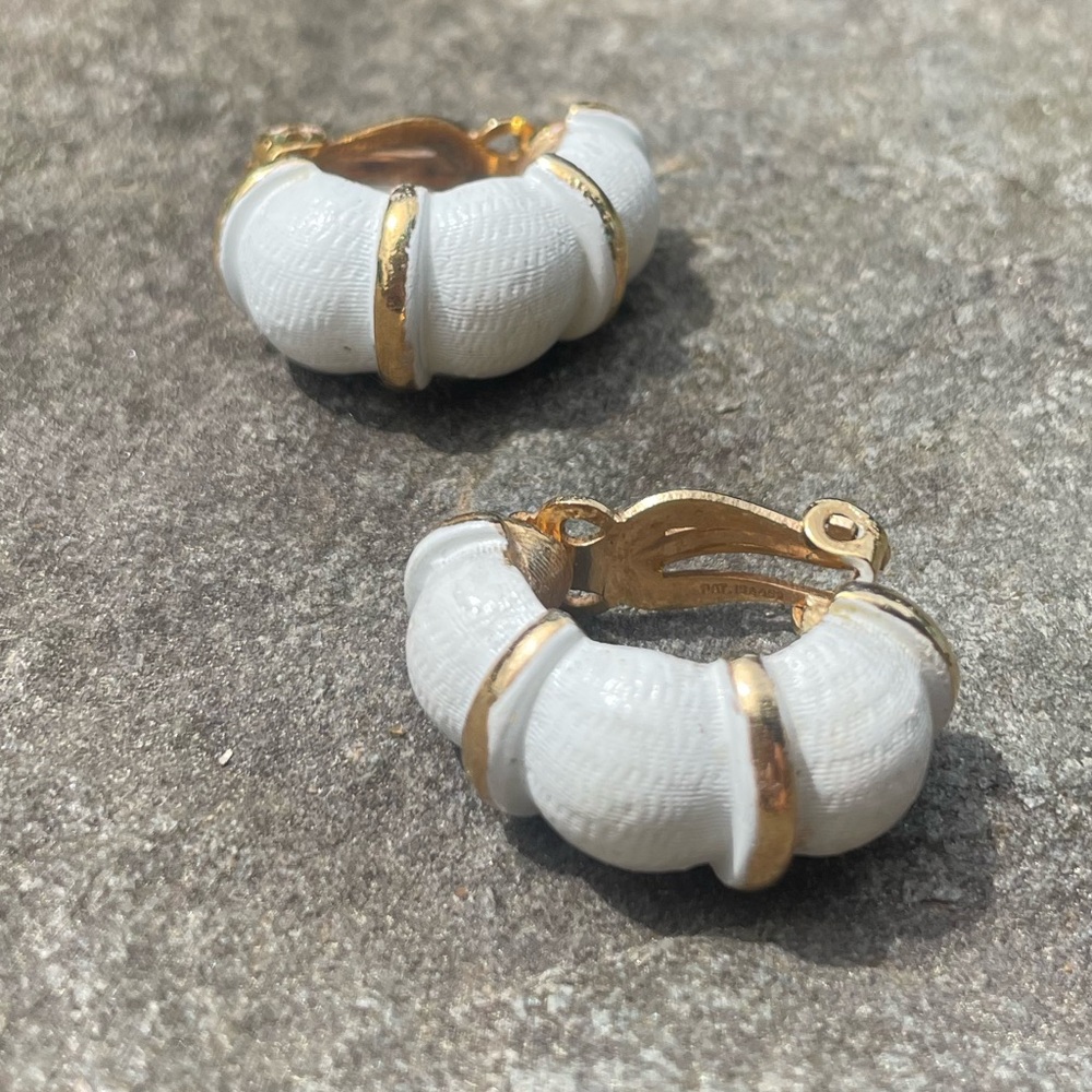 Vintage Napier Gold White Bamboo Hoop Clip On Earrings